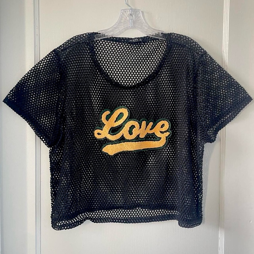 Julia by Love J Black Mesh Cropped Tee Love Patch Size 2X